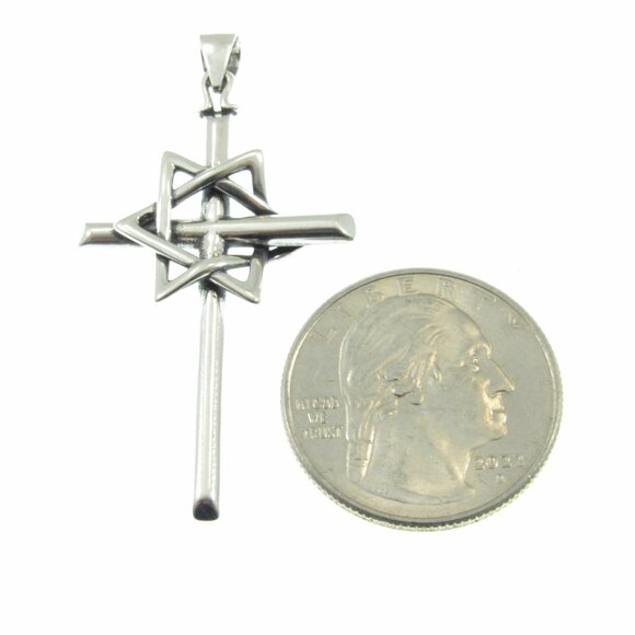 Solid 925 Sterling Silver Interwoven Star of David on Christian Cross Pendant - Picture 6 of 11